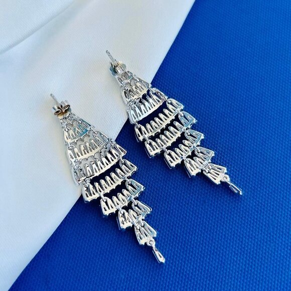 BAQUETTE DROP EARRINGS  CZ DIAMONDS STERLING SILVER - Picture 4 of 5